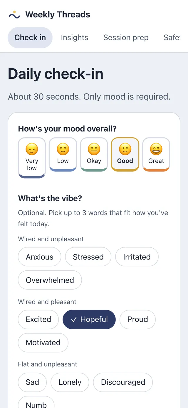 The What's the vibe? section of the check-in on a phone. It says to pick up to 3 words that fit how you've felt today, with word buttons grouped as Wired and unpleasant, Wired and pleasant, Flat and unpleasant, and Flat and pleasant.