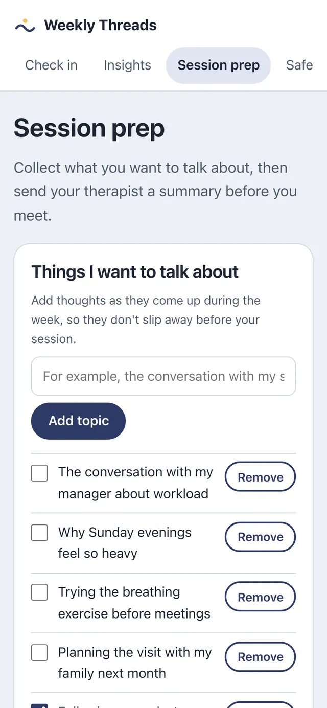 The Session prep page on a phone, with a list titled Things I want to talk about and a text box to add another topic. The sample entries are made-up.