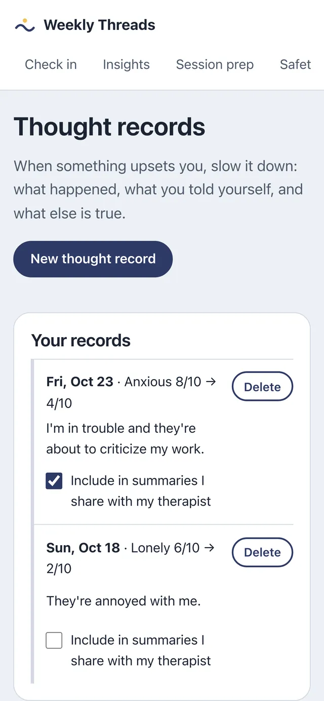 The Thought records page on a phone. A button reads New thought record, and a list of records shows dates, a feeling and a rating that changes, such as Anxious 8/10 to 4/10, with a checkbox to include each in summaries shared with a therapist. All entries are sample data.